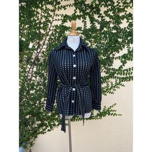 1960's DALTON navy blue white loop trevira long sleeve blouse loose belt